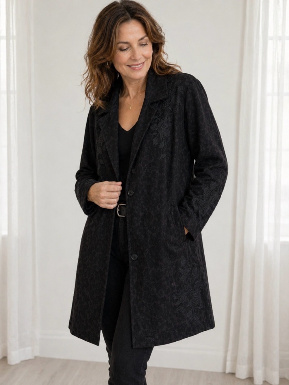 Johnny Was Workshop Kirin Black Embroidery Long Coat XL Luxe Boho Artisan Artsy